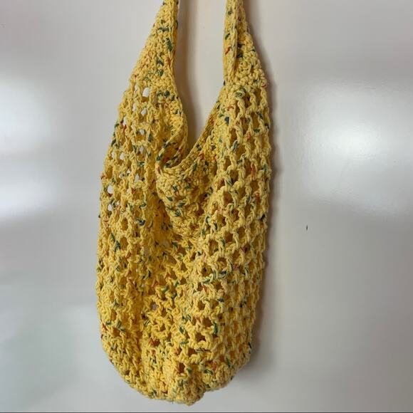 Hand Knit Netted Woven Yellow Shoulder Boho Shopper Bag Purse - Picture 2 of 4